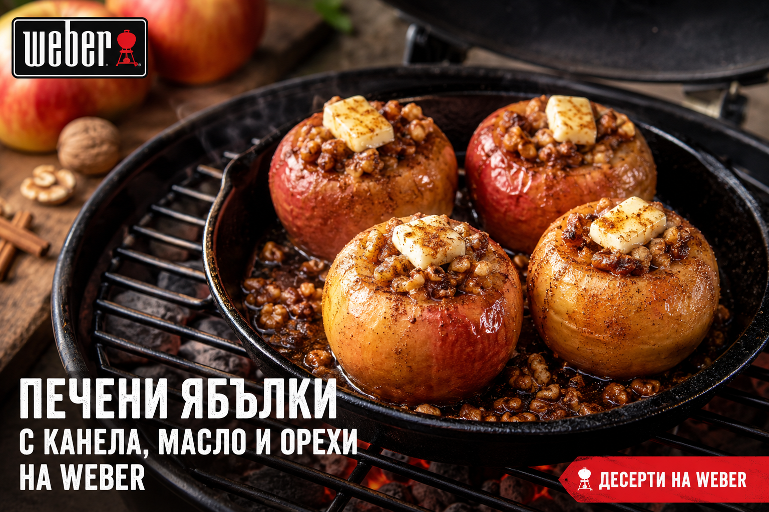 Печени ябълки с канела, масло и орехи на Weber